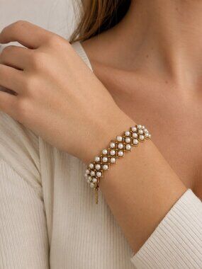 Vintage Napier Runway Bracelet • Gold Lattice & Imitation Pearls • 1960s–70s Wid